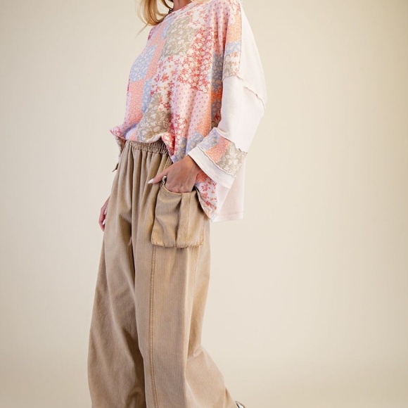 NEW EASEL PATCHWORK PRINT MIX WASHED PULLOVER FLORAL 3/4 SLEEVES OVERSIZED SMALL - Picture 3 of 10